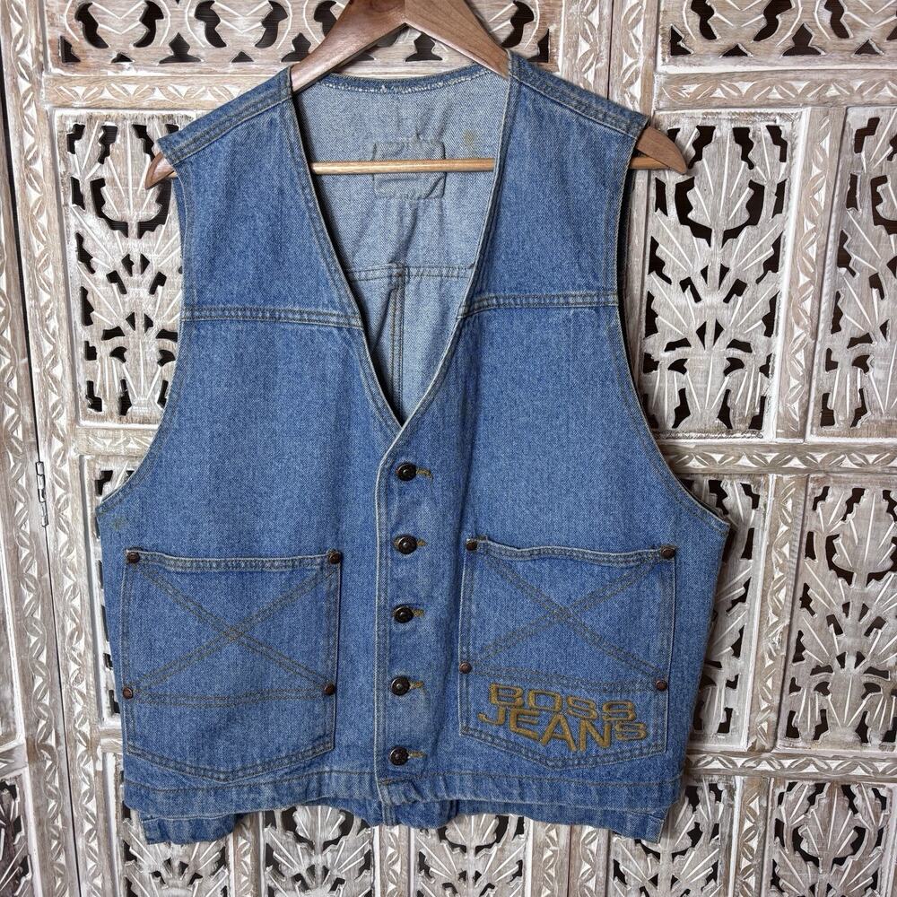 Vintage Boss Denim Button Front Vest Mens L Heavy Cotton Workwear Streetwear 90s